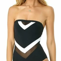 Anne Cole Color Block Mesh Chevron Spliced Bandeau Swimsuit