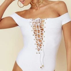 Blue Life Off Shoulder One Piece In White Jacquard 390-9466-WHT One Piece Swimsuits
