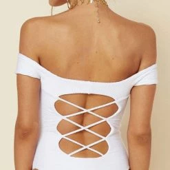 Blue Life Off Shoulder One Piece In White Jacquard 390-9466-WHT One Piece Swimsuits