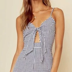 Resort Wear Blue Life Navy Gingham Tied Up Romper R097-7202-NVGNG