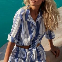 Melissa Odabash Inny Blue Stripe Button Up Top