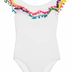 PilyQ Girls Cotton Candy Pom Pom One Piece In White