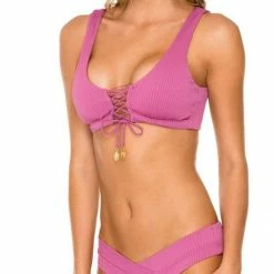 Luli Fama Orillas Del Mar Lace Up Bralette Bikini Top In Raspberry Bikinis
