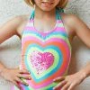 PilyQ Girls Neon Heart Embroidered One Piece Swimsuit