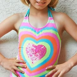 PilyQ Girls Neon Heart Embroidered One Piece Swimsuit