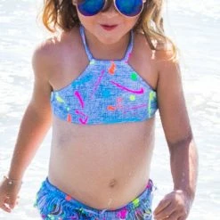 PilyQ Girl's Splatter Paint High Neck Fringe Bikini Set Kids