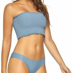 PilyQ Smocked Ruffle Bandeau Bikini Top In Sky Blue