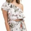 Elan Ruffled One Shoulder Crop Top In Pale Pink Botanical SCP1908-PPK-BO
