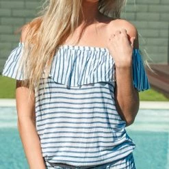 Almost Gone Resort Wear Splendid Chambray All Day Off The Shoulder Romper SP48777-BLU