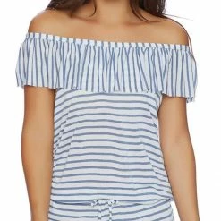 Almost Gone Resort Wear Splendid Chambray All Day Off The Shoulder Romper SP48777-BLU