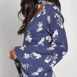 Almost Gone Resort Wear Blue Blush Rayon Gauze Print Long Sleeve Choker Romper BR-1230