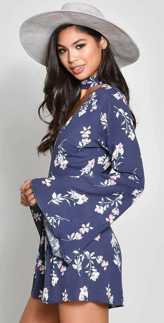 Almost Gone Resort Wear Blue Blush Rayon Gauze Print Long Sleeve Choker Romper BR-1230 4 Almost Gone Resort Wear Blue Blush Rayon Gauze Print Long Sleeve Choker Romper BR-1230