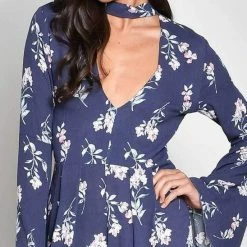 Almost Gone Resort Wear Blue Blush Rayon Gauze Print Long Sleeve Choker Romper BR-1230 10 Almost Gone Resort Wear Blue Blush Rayon Gauze Print Long Sleeve Choker Romper BR-1230