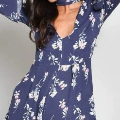 Almost Gone Resort Wear Blue Blush Rayon Gauze Print Long Sleeve Choker Romper BR-1230