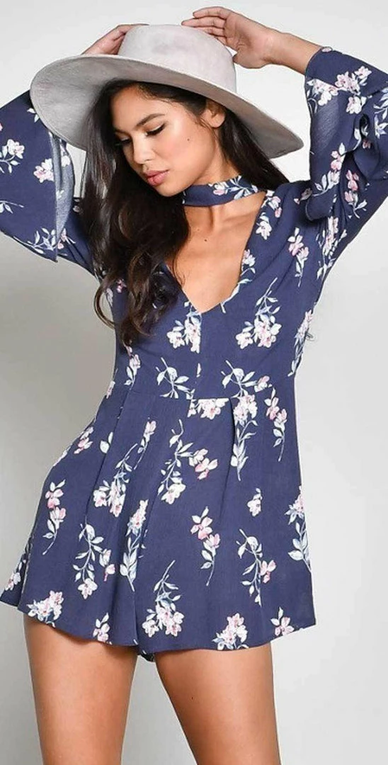Almost Gone Resort Wear Blue Blush Rayon Gauze Print Long Sleeve Choker Romper BR-1230 3 Almost Gone Resort Wear Blue Blush Rayon Gauze Print Long Sleeve Choker Romper BR-1230
