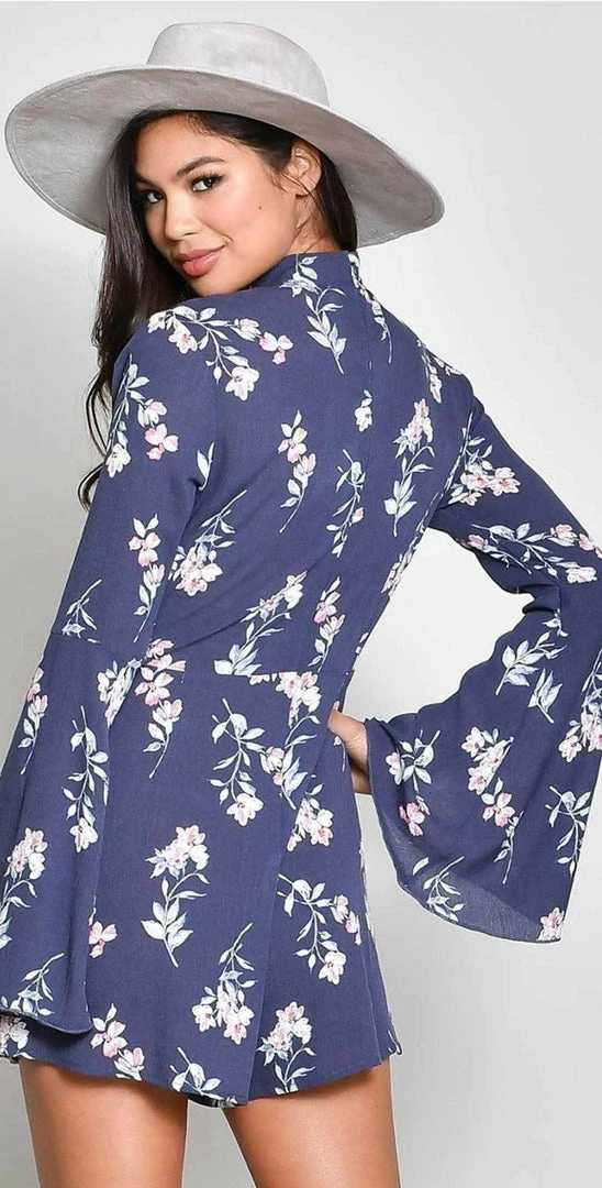 Almost Gone Resort Wear Blue Blush Rayon Gauze Print Long Sleeve Choker Romper BR-1230 5 Almost Gone Resort Wear Blue Blush Rayon Gauze Print Long Sleeve Choker Romper BR-1230