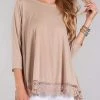 Chris And Carol Apparel Chris And Carol Lace Bottom Trim With 3/4 Sleeves In Beige CTB018 1 Chris And Carol Apparel Chris And Carol Lace Bottom Trim With 3/4 Sleeves In Beige CTB018