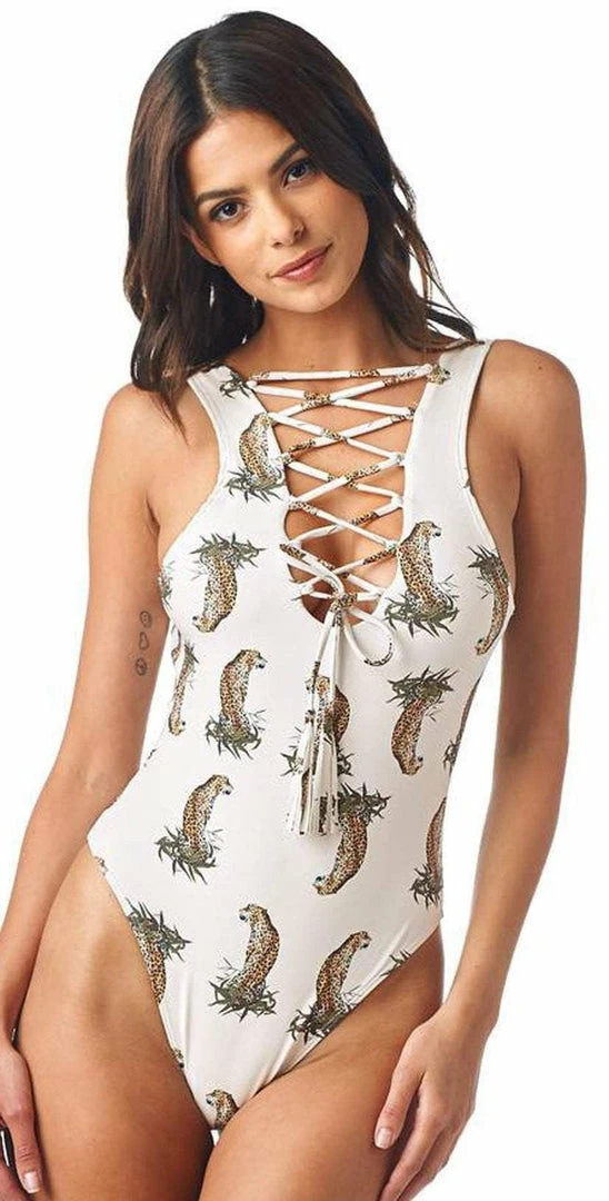 Montce Swim One Piece Swimsuits Montce DA Cheetah Repeat Lace-Up One Piece In Cream 3 Montce Swim One Piece Swimsuits Montce DA Cheetah Repeat Lace-Up One Piece In Cream