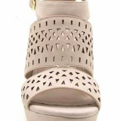 Qupid Shoes Lena Perforated Strappy Wedge In Nude LENA-619 NUDE