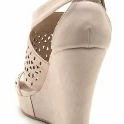 Qupid Shoes Lena Perforated Strappy Wedge In Nude LENA-619 NUDE