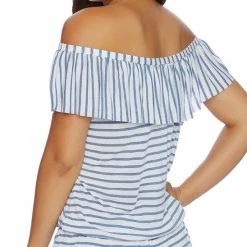 Almost Gone Resort Wear Splendid Chambray All Day Off The Shoulder Romper SP48777-BLU